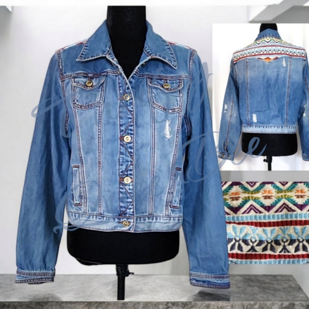 Stetson Western Denim Jean Jacket Women’s L Embroidered Serape Back Distressed